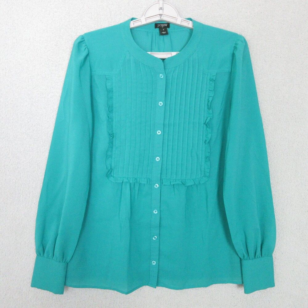 J Crew Blouse Womens 2 Pintuck Ruffle Front Long Sleeve Button Up Teal Polyester